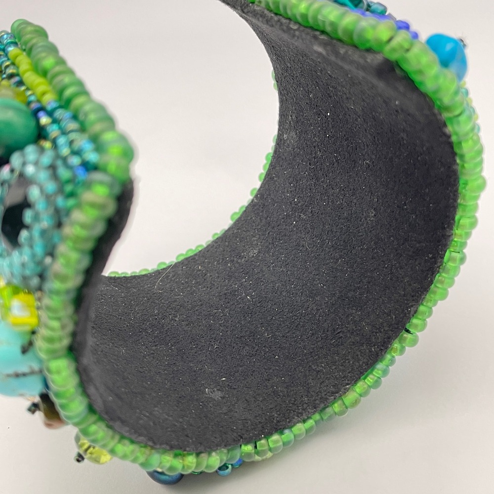 LARGE Beaded Turquoise Boho Cuff Bracelet Adjustable Statement Chunky Bracelet - Picture 13 of 17